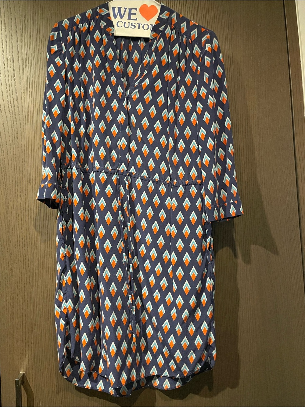 Diane Von Furstenberg Navy Geometric Print Long Sleeve Dress with Orange Accents